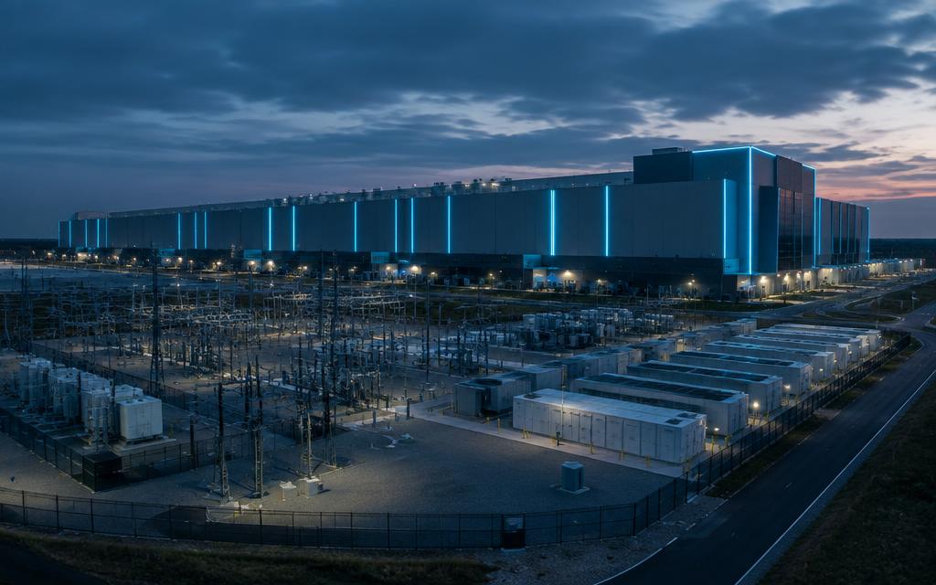 Hyperscale data center campus at dusk with cyan accent lighting